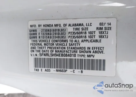 2014 Honda Odyssey Touring/Touring Elite from USA, damaged, VIN 5FNRL5H94EB084010